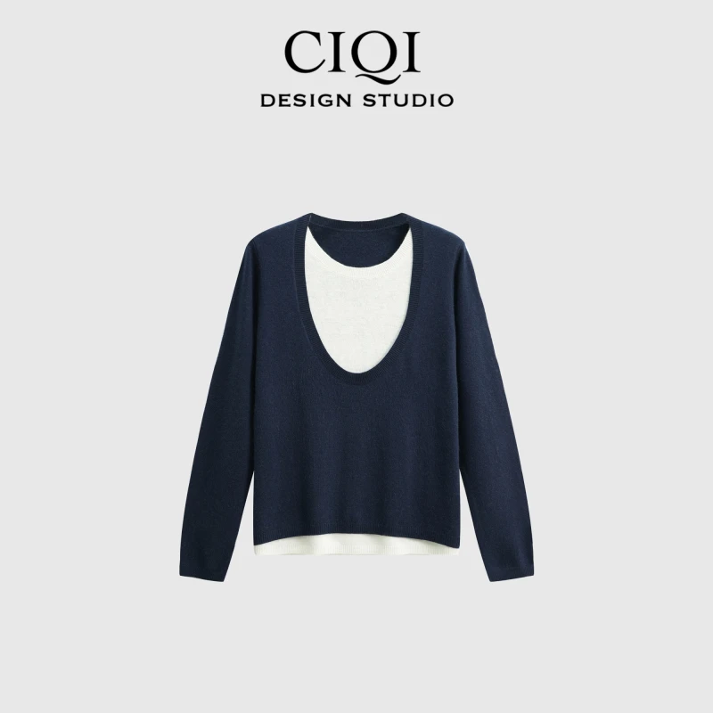 CIQI STUDIO10%羊绒+90%羊毛套头极简假两件百搭打底针织衣T20030