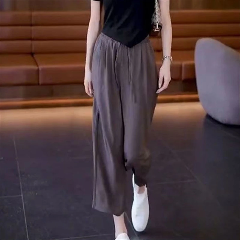 冰丝八分阔腿裤女夏季新款宽松显瘦高腰垂感慵懒哈伦直筒休闲裤女