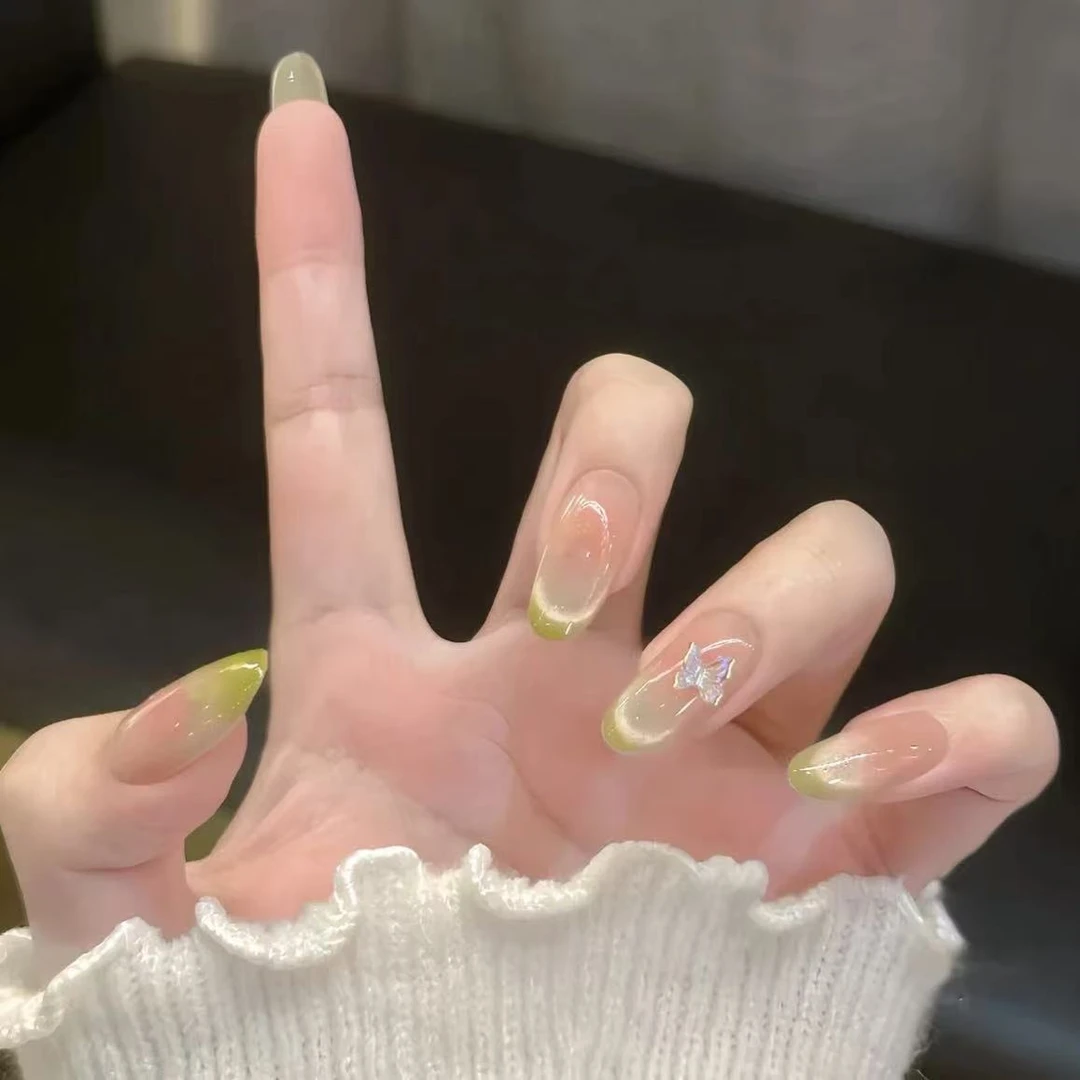 芭乐冰蝴蝶猫眼手工美甲渐变气质新款法式高级感显白清新穿戴甲