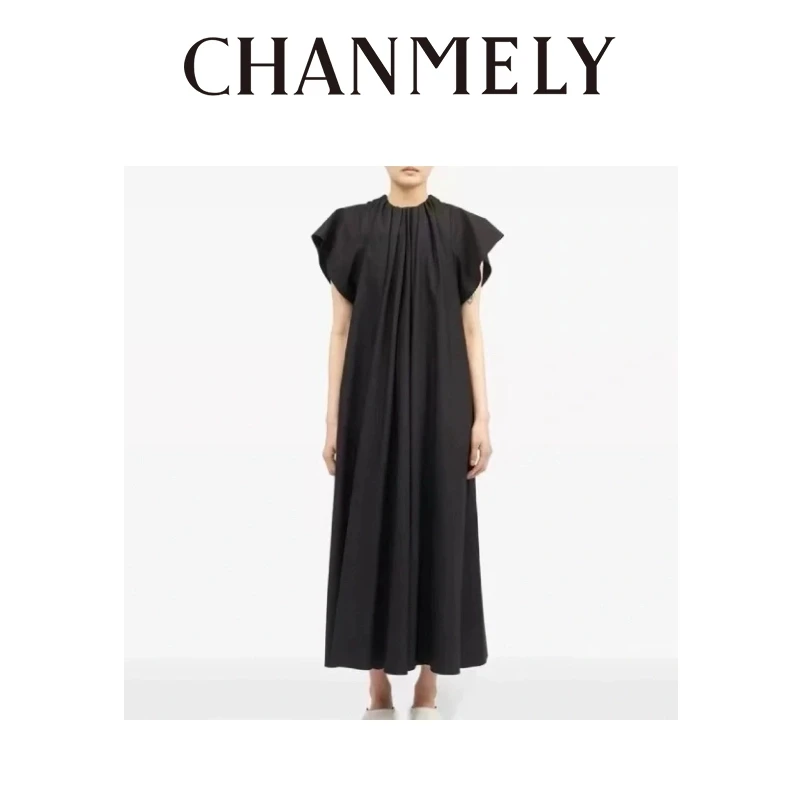 【CHANMITY】24/ss府绸棉褶皱弹力领口大裙摆显瘦连衣裙0241070