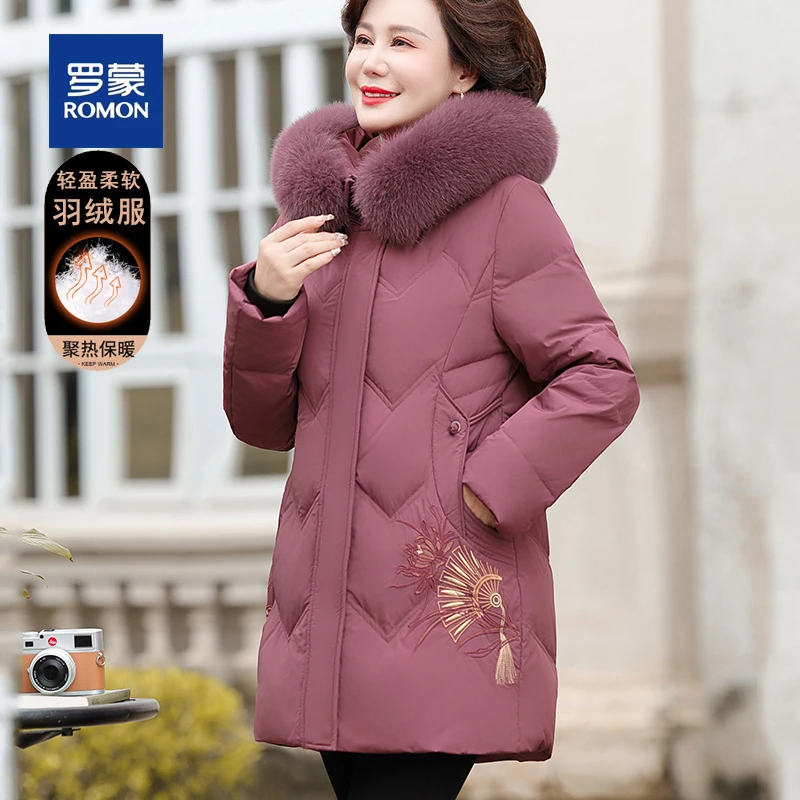 罗蒙气质妈妈冬装羽绒服女新款时尚加厚保暖中老年女装鸭绒外套