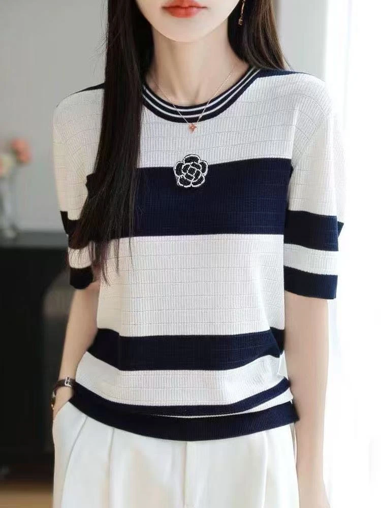 冰丝山茶花条纹短袖女