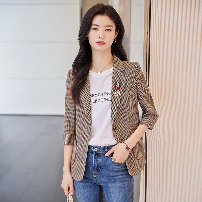 休闲格子小西装外套女夏季薄款新款修身时尚七分袖小个子西服上衣