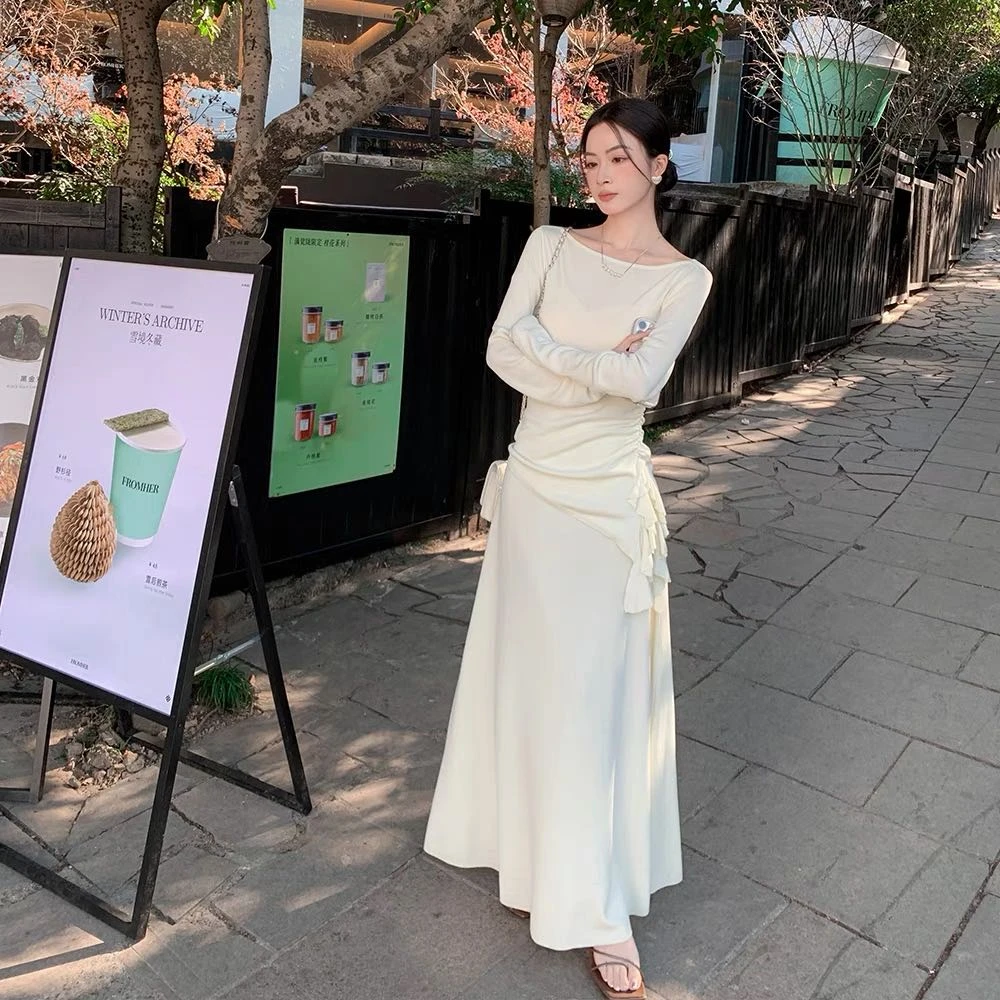 褶皱一字领圆领长袖针织毛针织衫长裙纯欲法式时尚套装纯色两件套