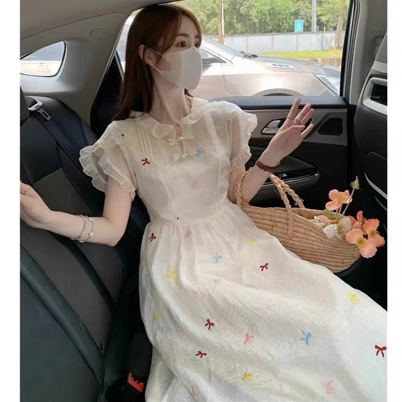 女大童新中式国风连衣裙夏装初中高中学生超仙森系收腰刺绣长裙子