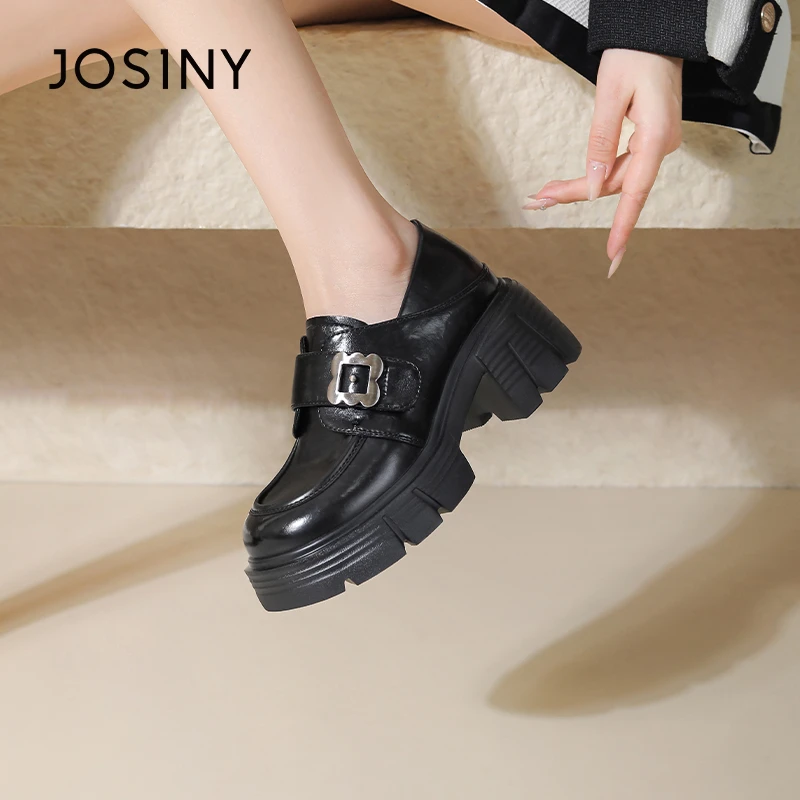 卓诗尼2025春季新款皮带扣金属装饰乐福鞋黑色百搭高跟单鞋英伦风