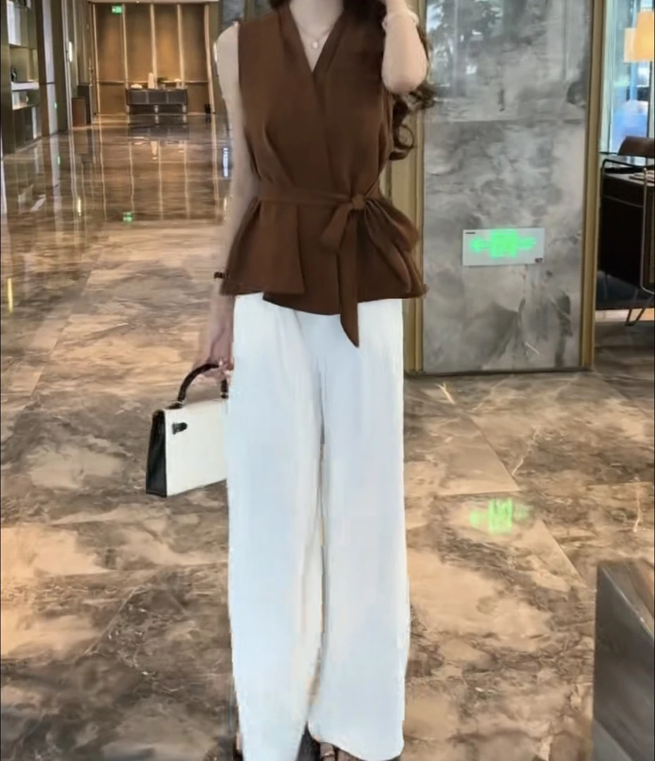 夏季气质法式无袖绑带上衣休闲阔腿裤时尚女装