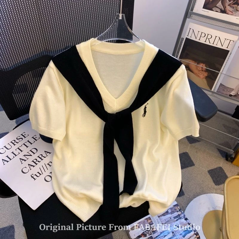 设计感披肩假两件短袖T恤女夏季薄款V领洋气小衫宽松大码冰丝上衣