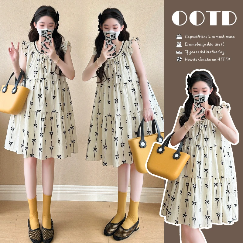 2025年时尚孕妇装夏季法式小飞袖蝴蝶结印花宽松娃娃裙子女中长裙