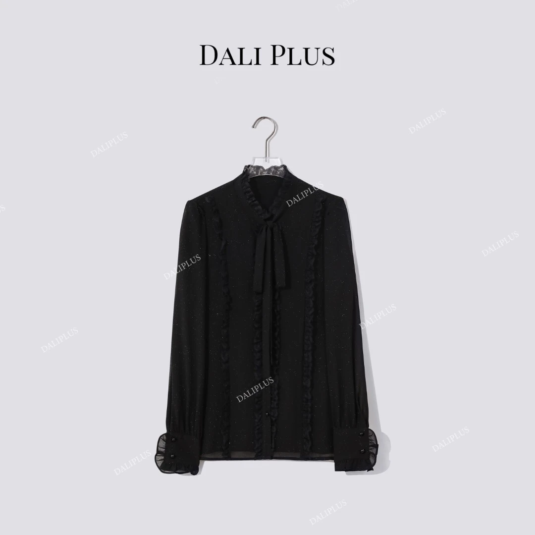 DALI PLUS“黑闪”木耳花边轻奢蝴蝶结系带长袖衬衫-D5SS7260
