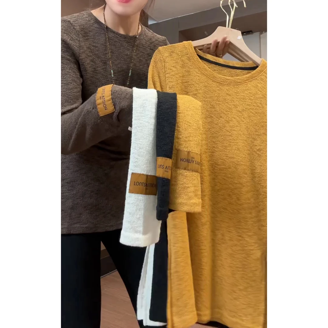 秋季简约风显瘦宽松女圆领长袖贴开叉标毛针织衫秋冬毛衣