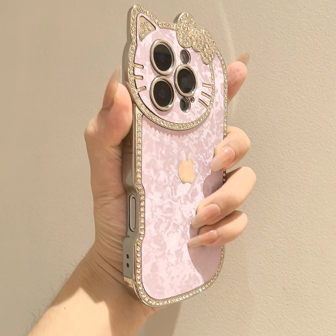 轻奢水钻猫咪镜头绒布适用苹果16promax手机壳15pro时尚14pro女13