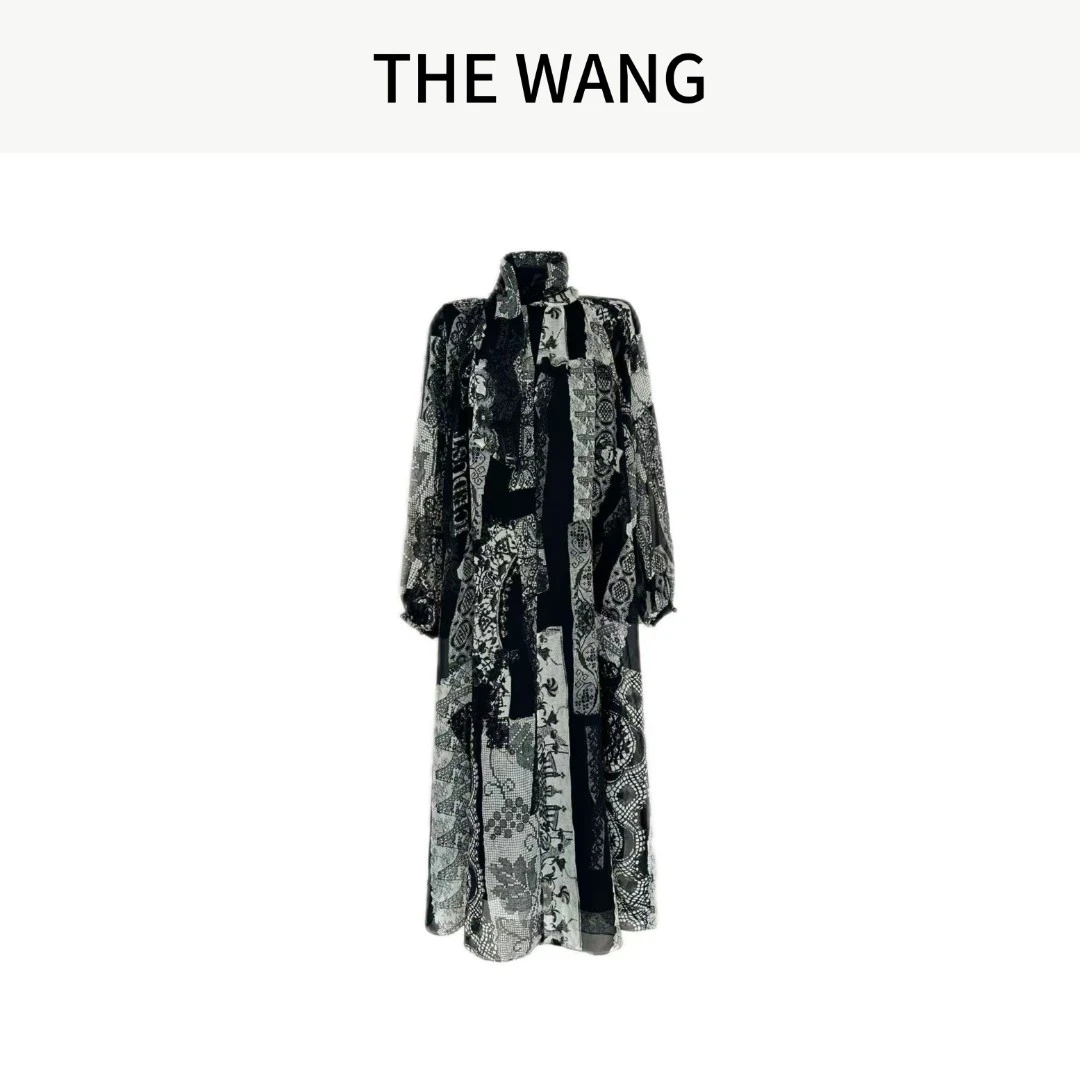 THE WANG 琥珀木韵 法式蕾丝印花飘带连衣裙