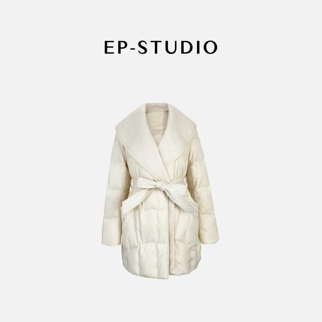 【雪月】90白鹅绒羊毛大翻领中长款羽绒服5151