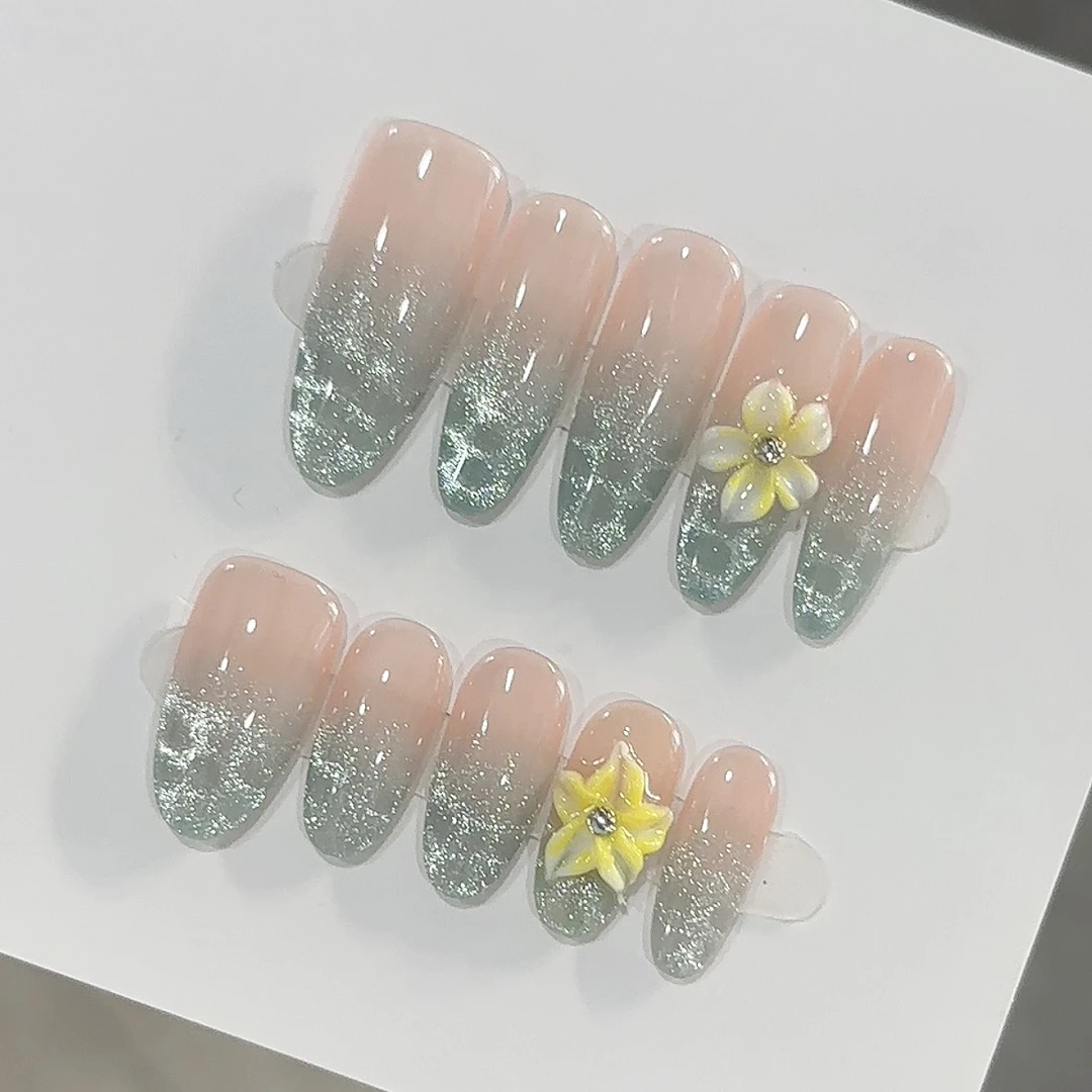 【海澜花】高品质海蓝冰花渐变猫眼立体雕花显白气质纯手工穿戴甲