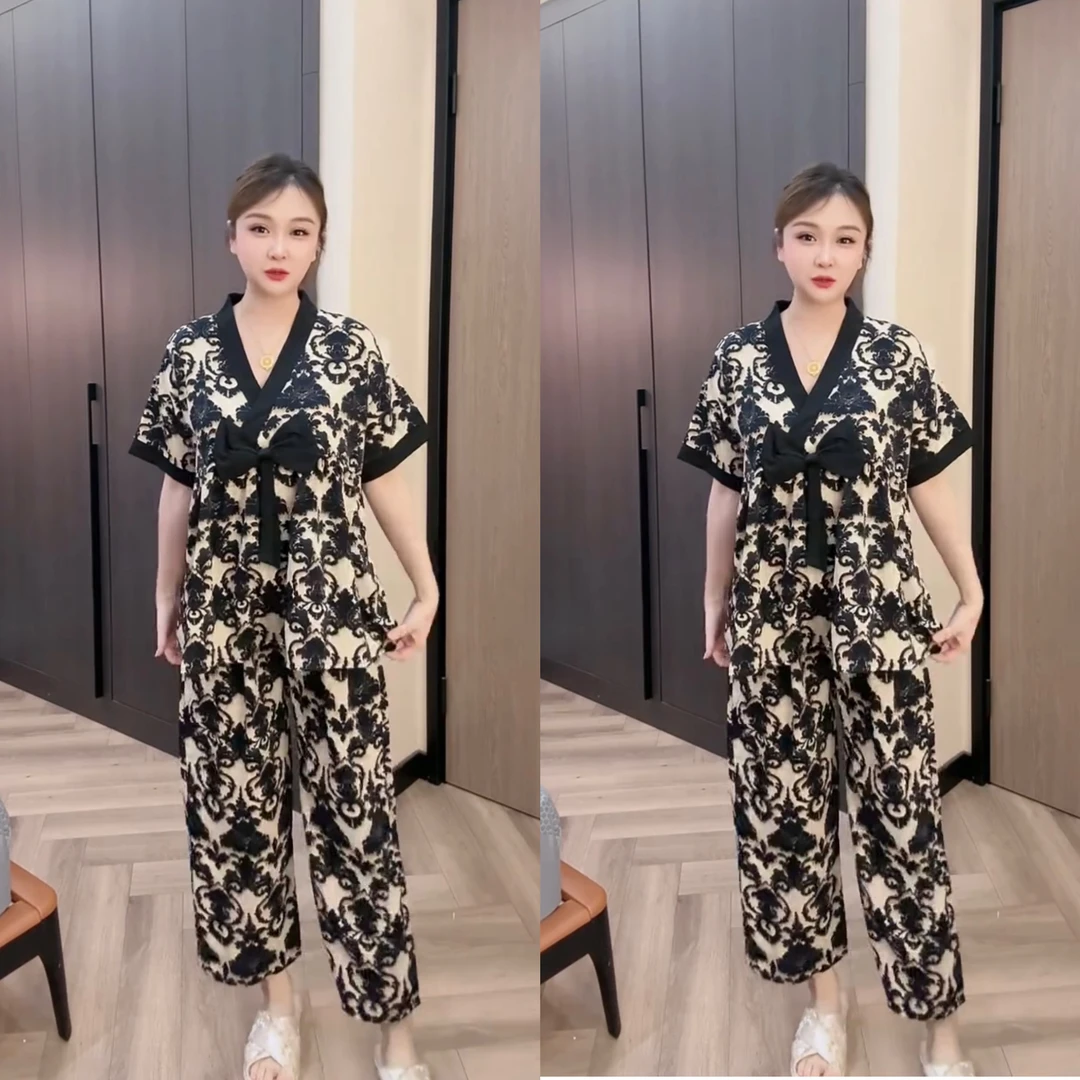 819春季新款时尚宽松显瘦女士家居服套装舒适睡衣洋气半袖大码