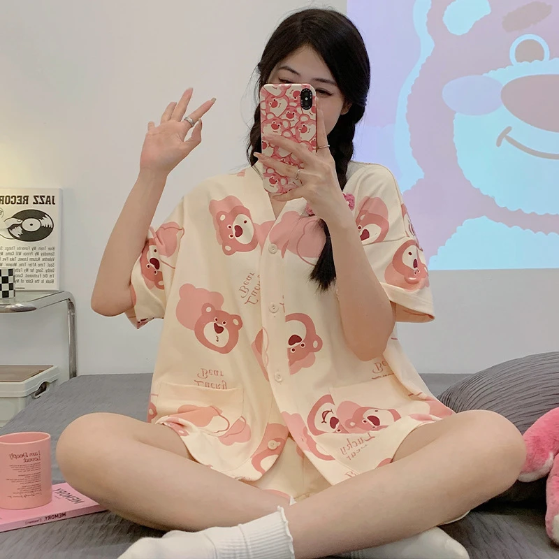 夏季新款睡衣女士和服休闲大码宽松短袖短裤两件套夏天insins