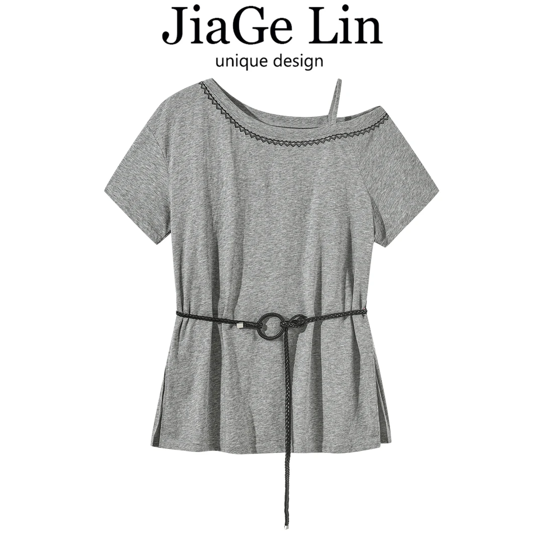JiaGeLin韩系设计感斜领露肩短袖T恤配腰带小衫女夏洋气百搭上衣