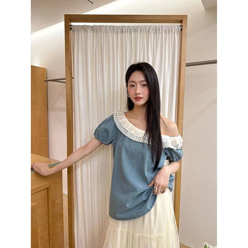 NEWOPEN夏季牛仔衬衫女短袖法式气质复古木耳边撞色斜肩上衣S5227