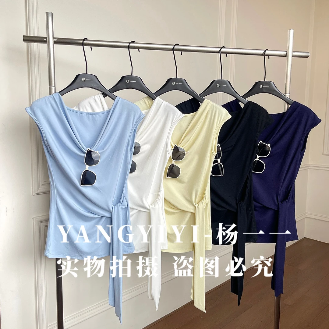 A150【杨一一推荐】多种穿法法式荡领短袖T恤夏季新款时尚显瘦上衣