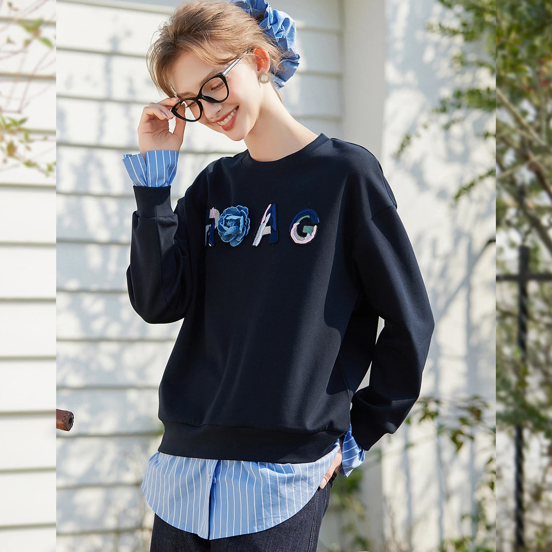 白鹿语春款时尚圆领立体绣花宽松撞色拼接假两件女装卫衣BY20014