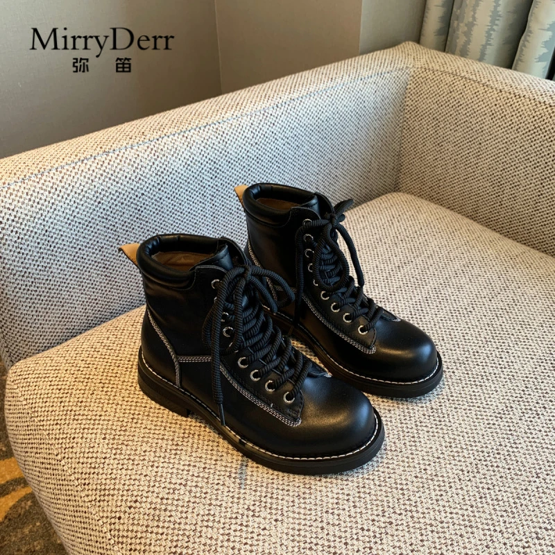 弥笛马丁靴女2025新款头层牛皮复古系带厚底短筒工装靴子短靴
