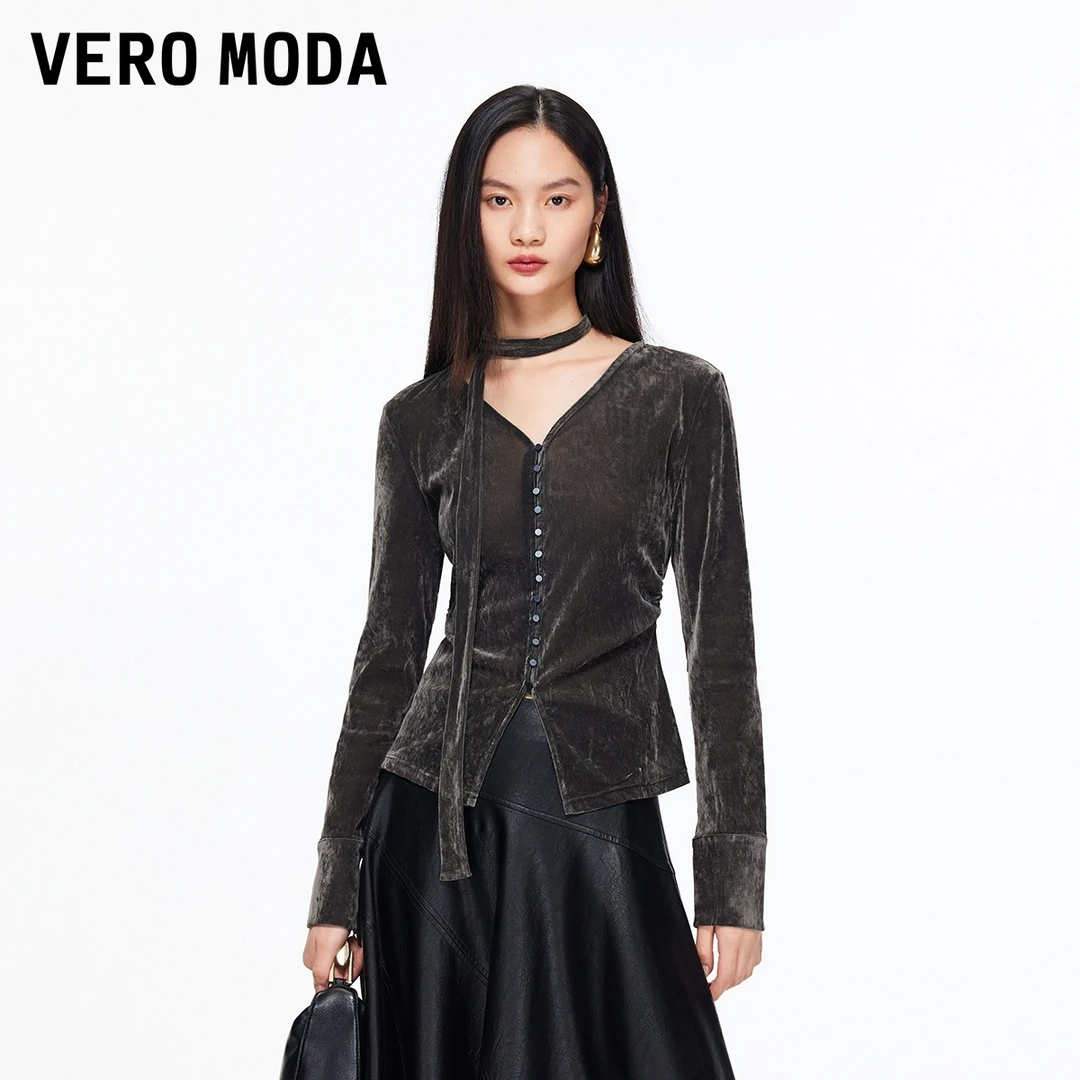 Vero ModaT恤女2025冬季新款腰部抽褶飘带设计显瘦上衣百搭通勤