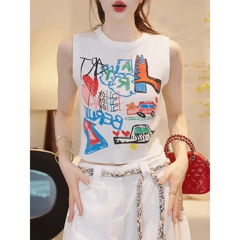 小个子涂鸦印花无袖针织衫女2025夏季新款背心时尚短款修身上衣女