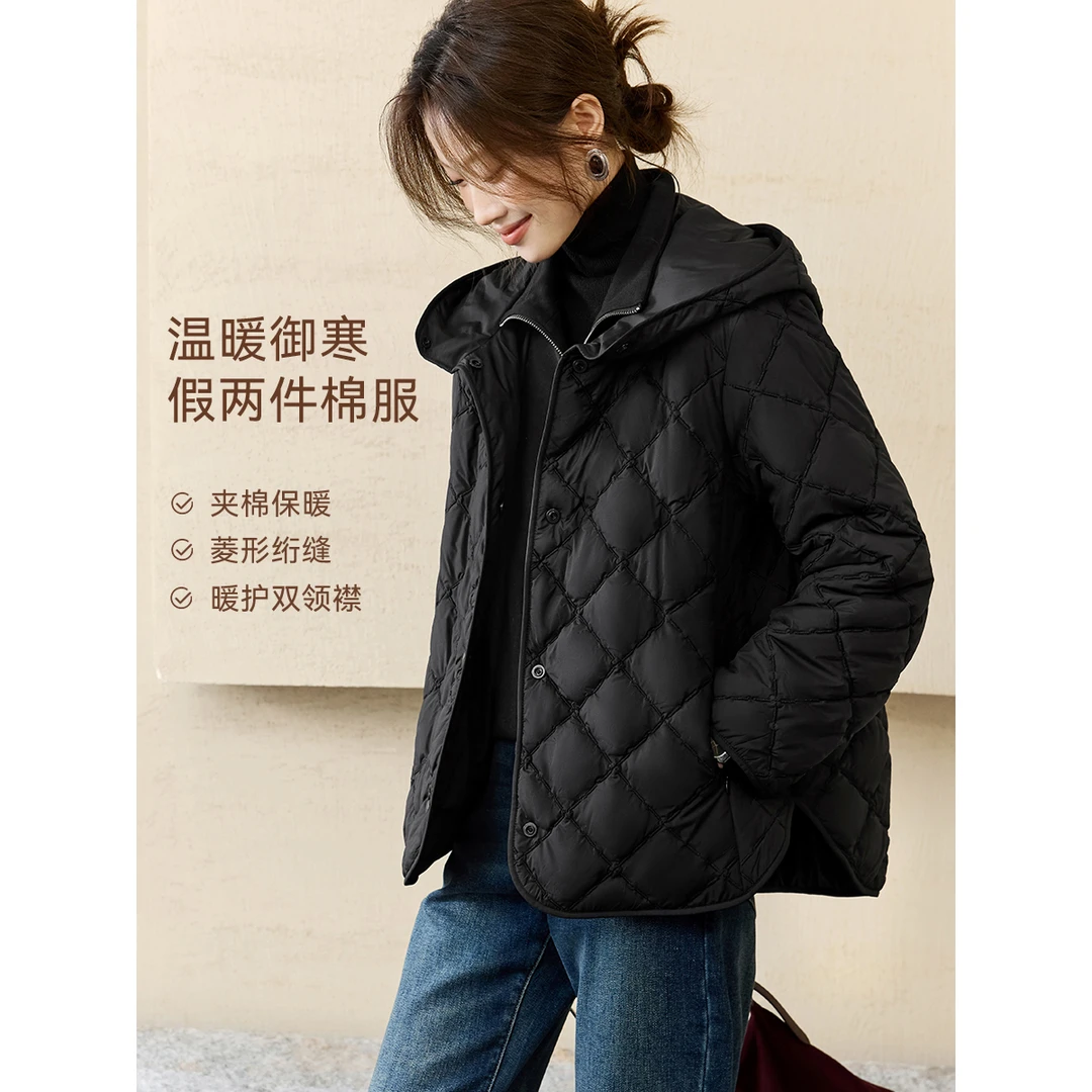 沫晗依美2025年冬季新款百搭休闲假两件连帽棉服4365