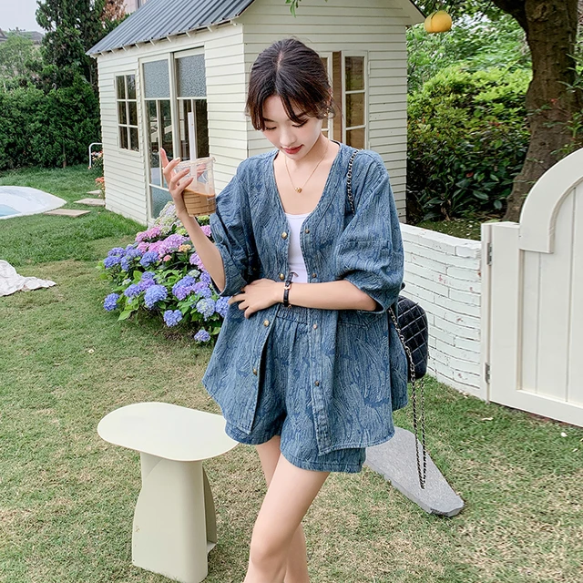 提花牛仔短袖套装女夏2025新款又a又飒西装套装女职业正装西装马