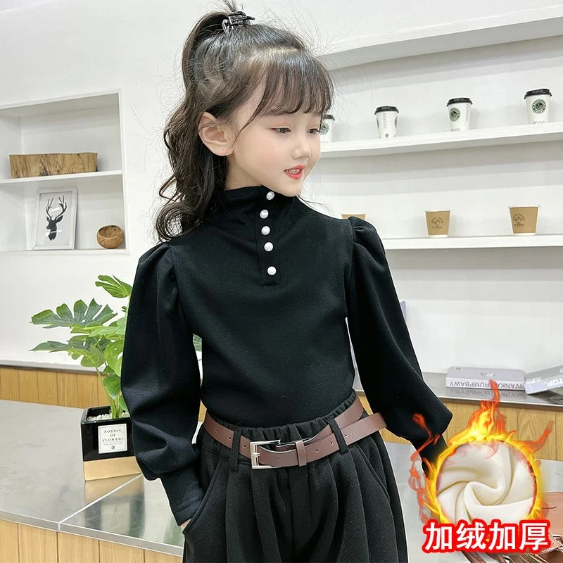 女童打底衫加绒加厚秋冬装2025新款洋气儿童设计感泡泡袖时尚上衣