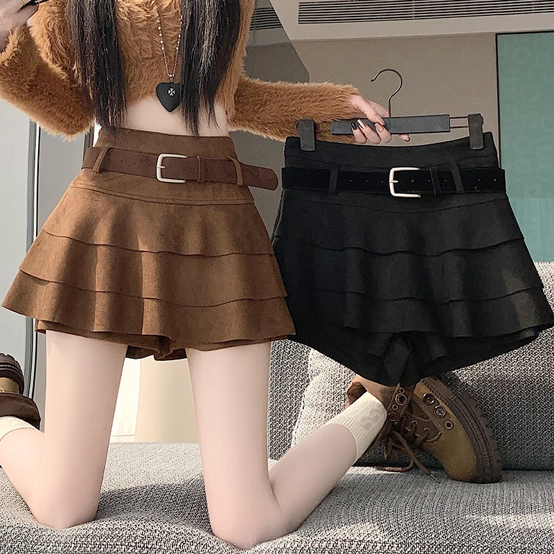 实拍荷叶边包臀蛋糕短裙女秋冬新款高腰显瘦辣妹复古鹿皮绒半身裙