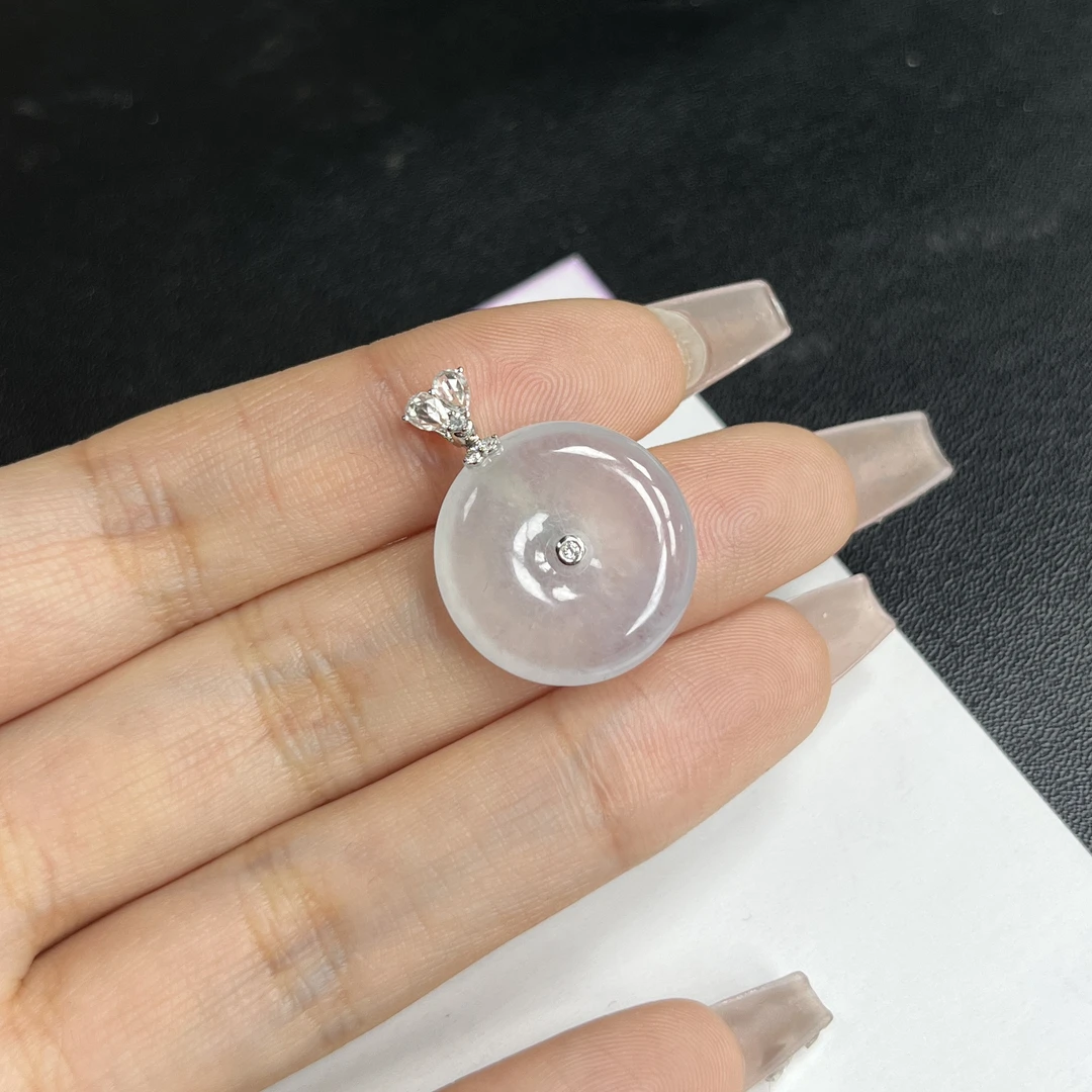 于于珠宝-天然A货缅甸翡翠白冰冰种平安扣玉石吊坠19x4.5mm