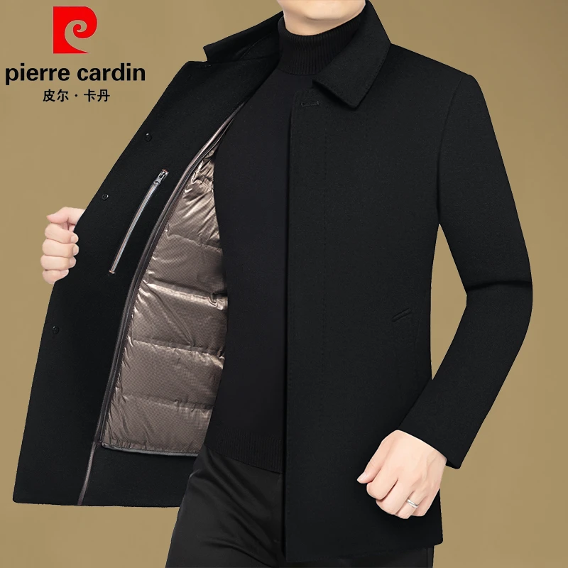 皮尔卡丹男士可脱卸鸭绒内胆羊毛呢大衣2025秋冬新中长款毛呢外套