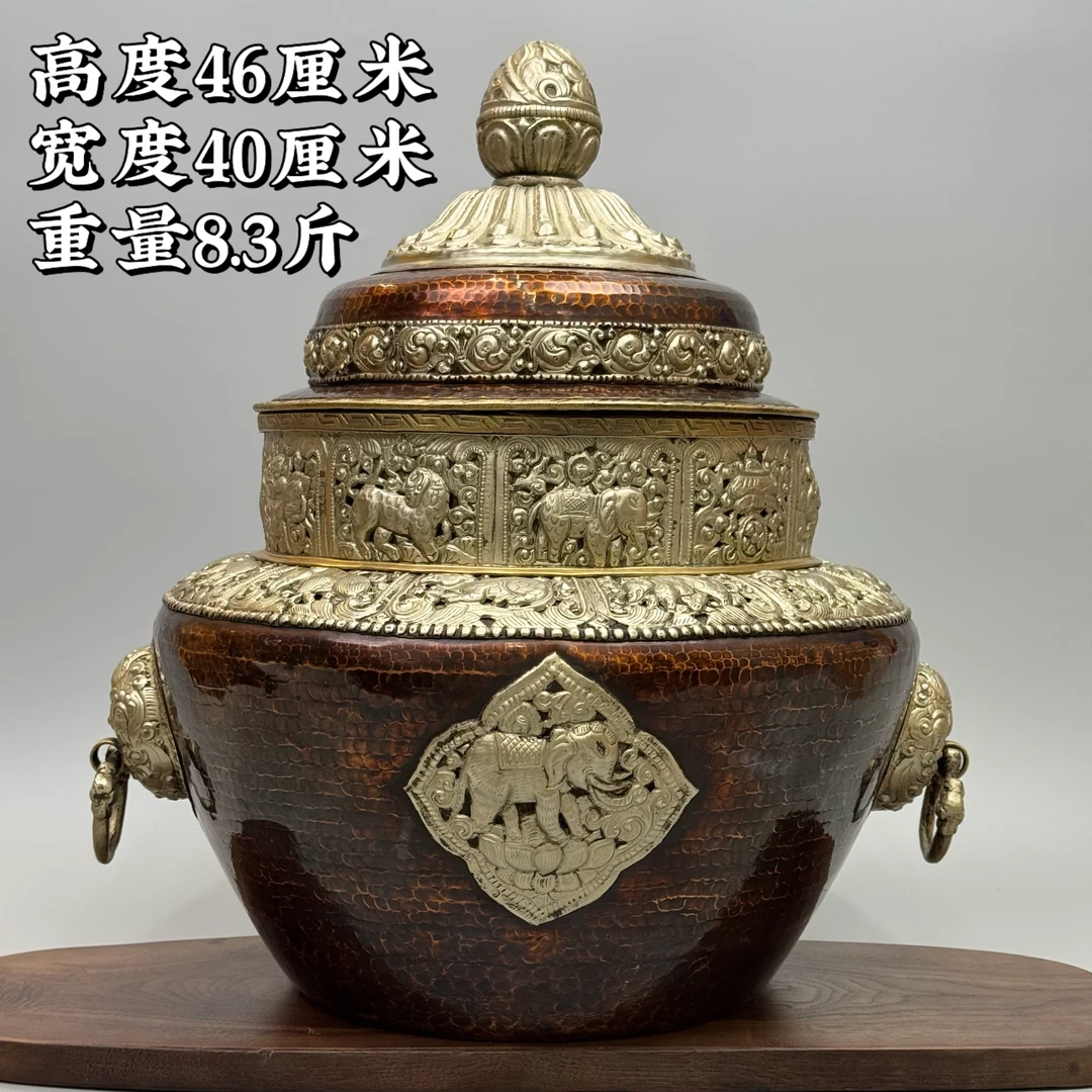 【新款尼泊尔纯手工藏式摆件】纯铜材质复古风藏式家用糌粑盒摆件