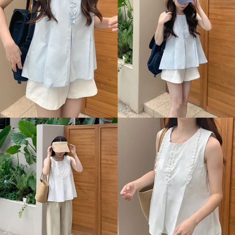 心蓝家 蓝白木耳边背心新款甜美花边无袖上衣女小个子穿搭背心150
