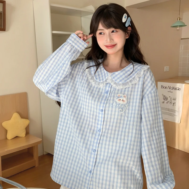 森女部落甜美可爱猫咪刺绣长袖衬衫女娃娃领宽松上衣2025新款秋季