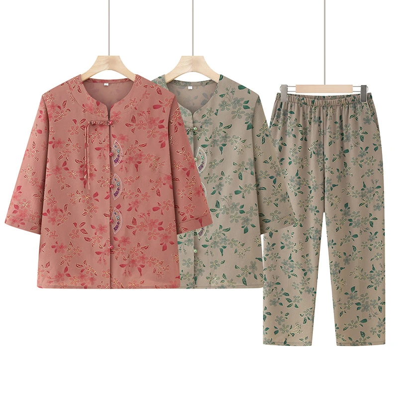 老年女新中式奶奶装套装老人太太衣服洋气妈妈夏季衬衫两件套薄款