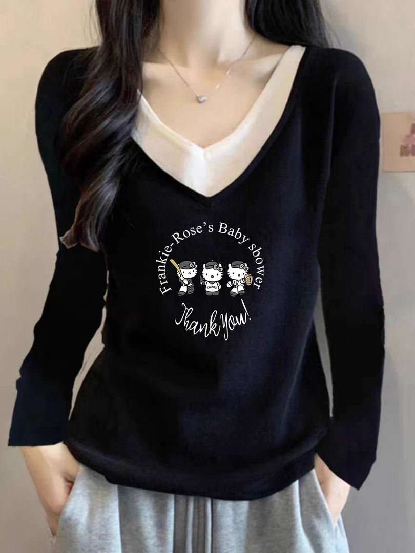 大码胖mm遮肚显瘦v领黑色假两件正肩长袖T恤女春秋季宽松棉上衣
