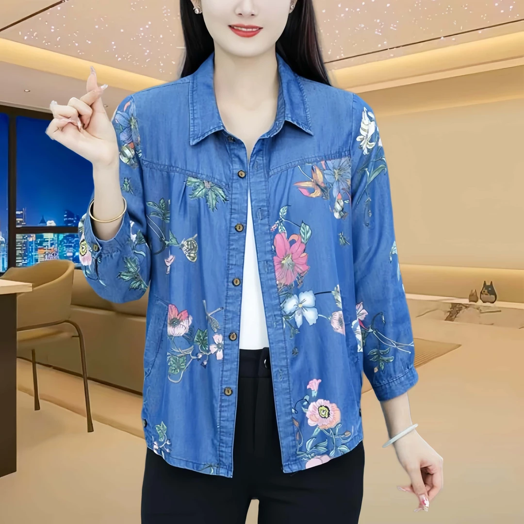 高档印花柔软衬衫女装2025春季新款大码中老年宽松翻领开衫上衣潮