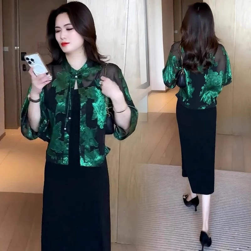 国风盘扣印花衬衣女春秋新款小个子洋气开衫外套时尚百搭防晒衬衫