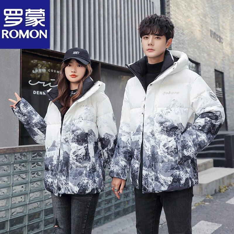 Romon/罗蒙冬季连帽情侣款外套男女同款时尚潮流雪山渐变百搭外套
