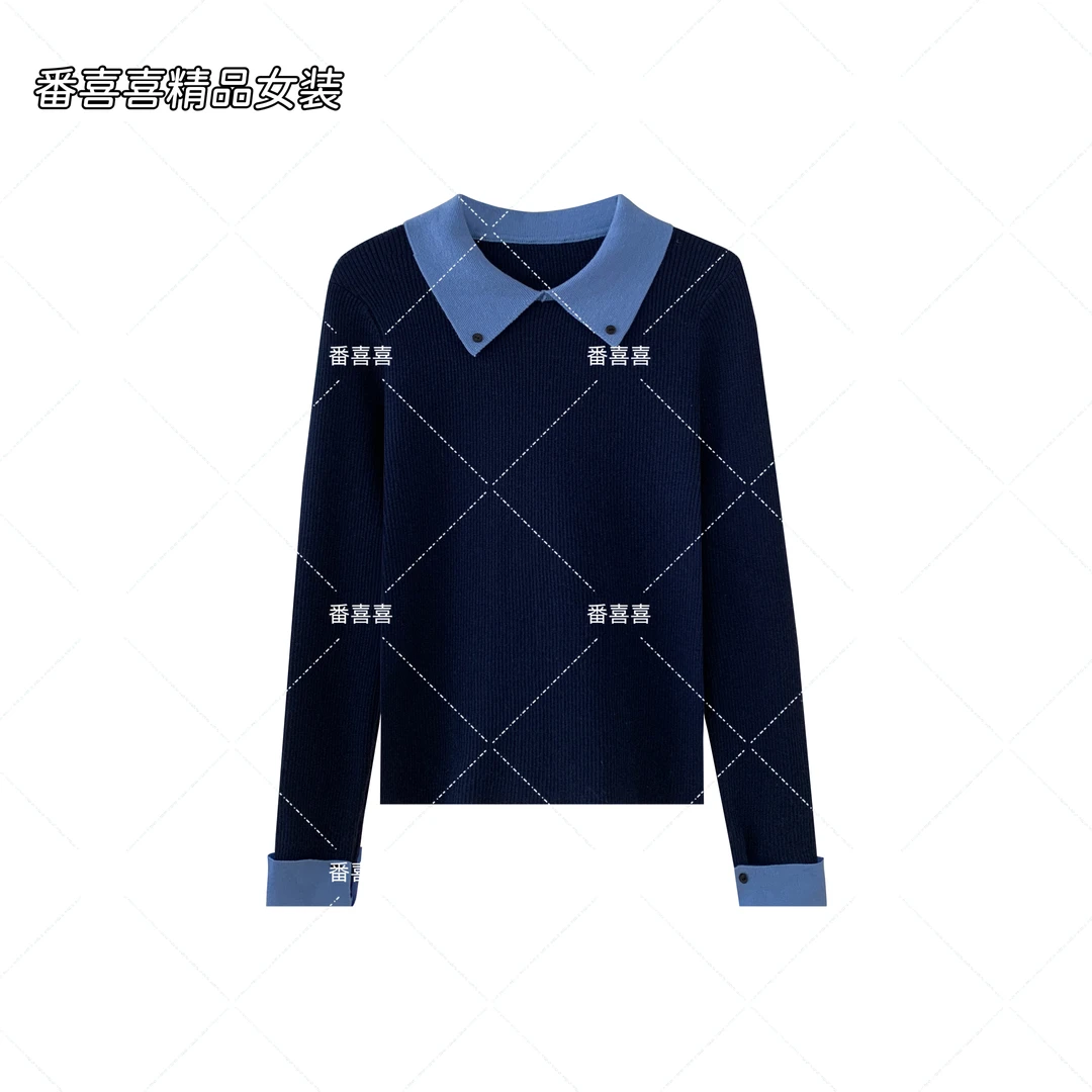 常规款针织羊毛针织毛复古长袖针织衫女装假两件打底拼接翻领