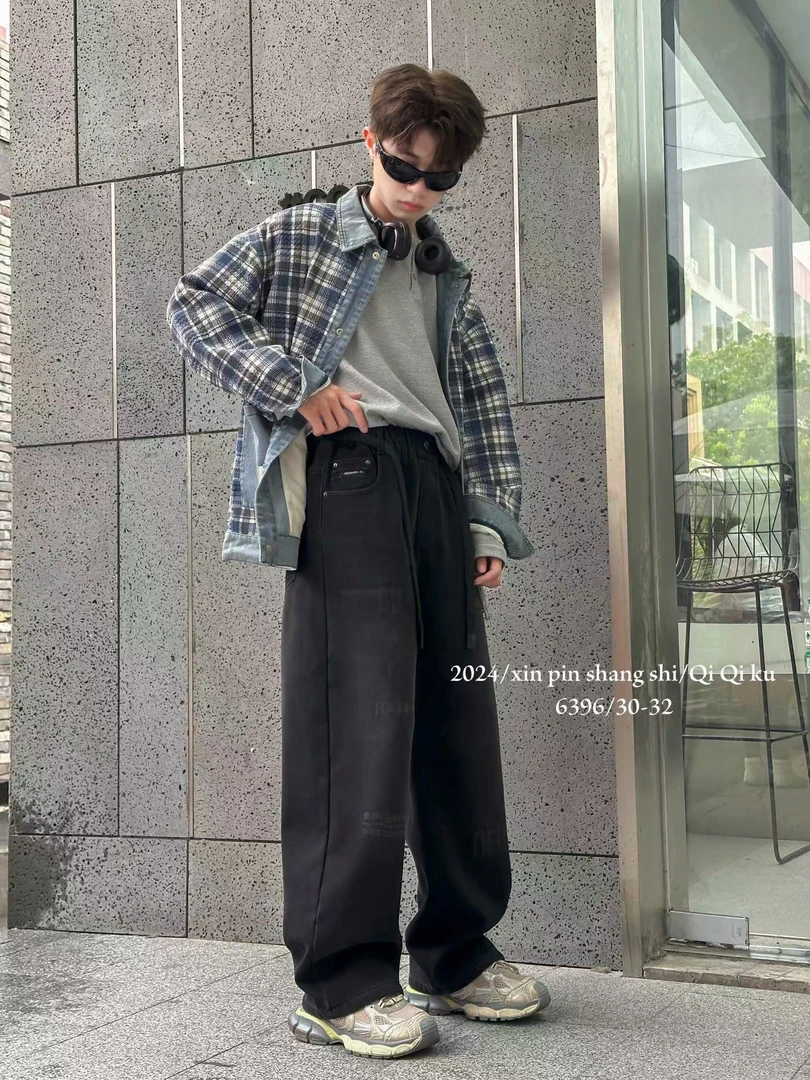 【6396-黑】青少年加绒牛仔裤