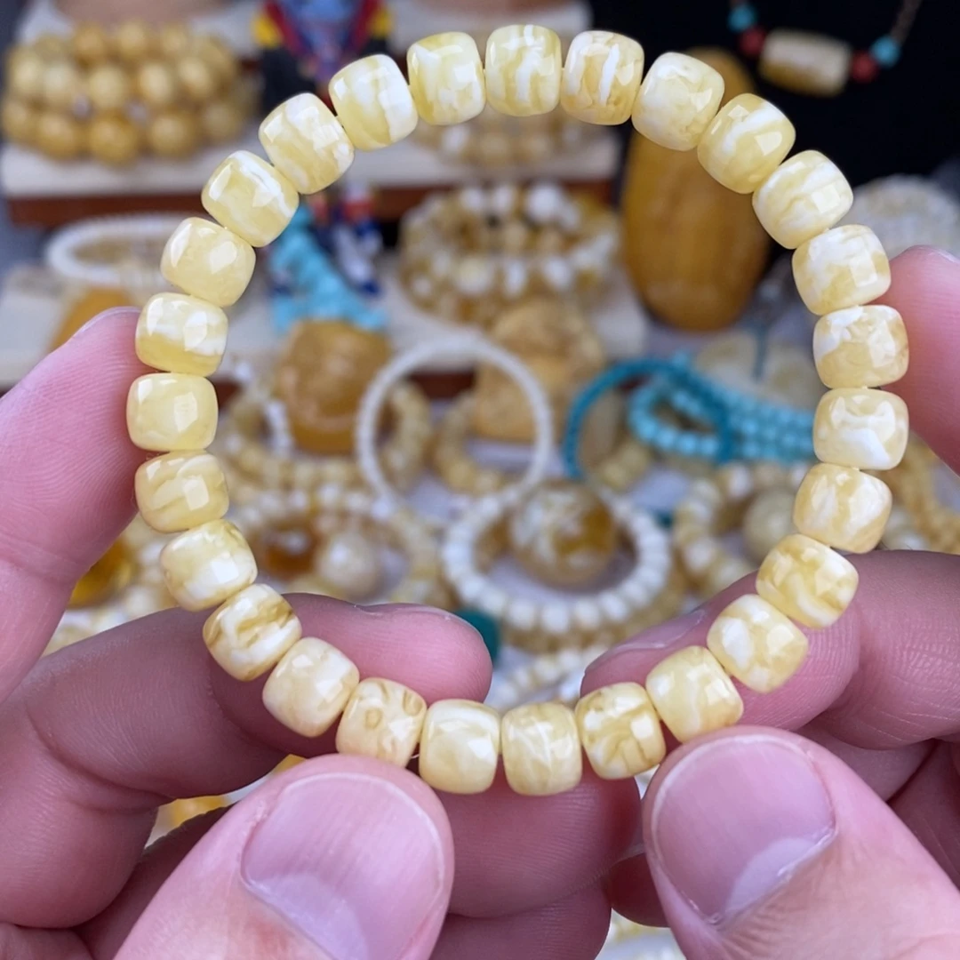 蜜蜡未镶嵌手链瓷白细纹虎皮纹8.3mm