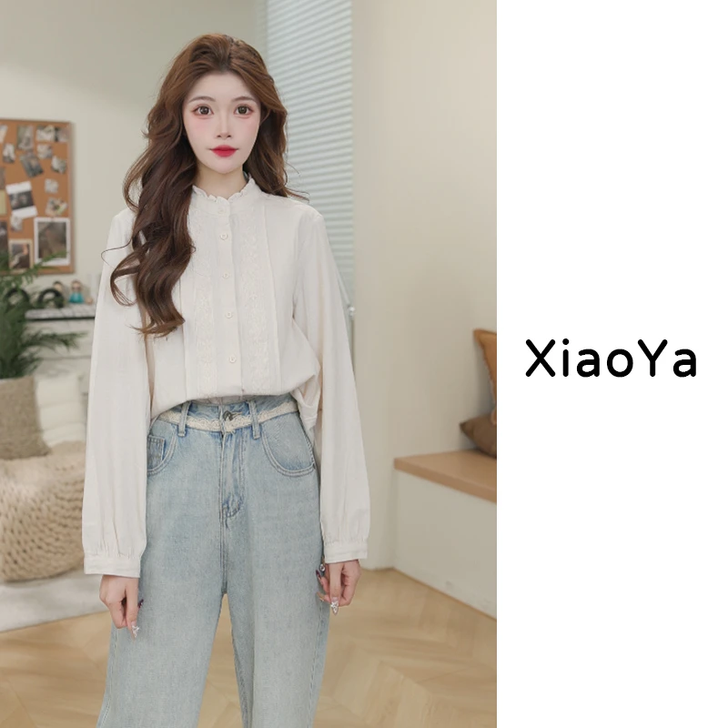 【松林情诗】夏梵尼2025春季新款木耳边蕾丝拼接衬衫上衣
