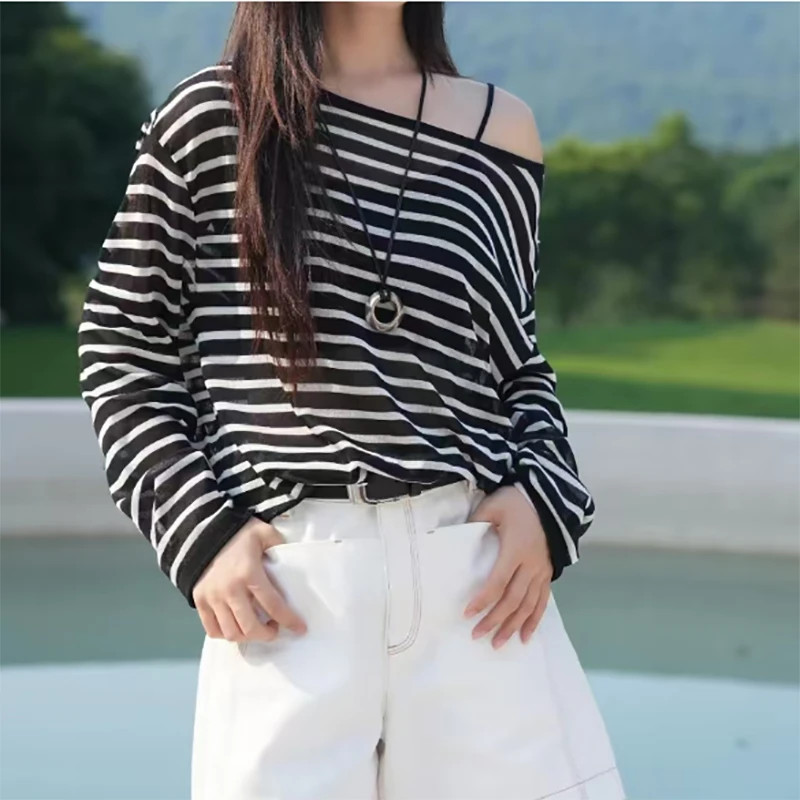 三醋酸莱赛尔宽松条纹针织衫上衣女2025新款新款时尚洋气百搭女装