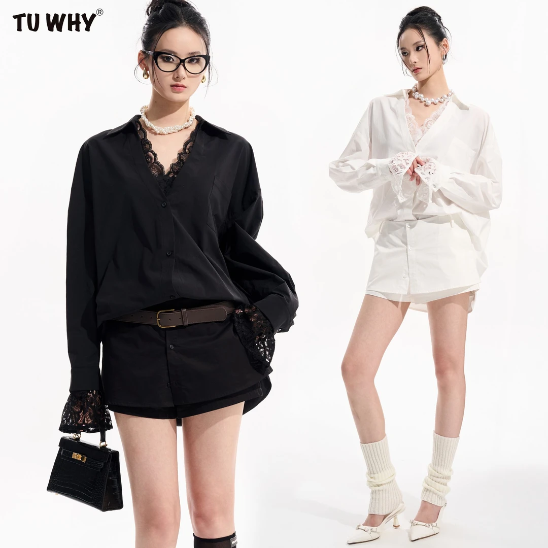 TUWHY【艺人王乐君同款】“无尽夏”复古蕾丝假两件衬衫50%抗皱纤维