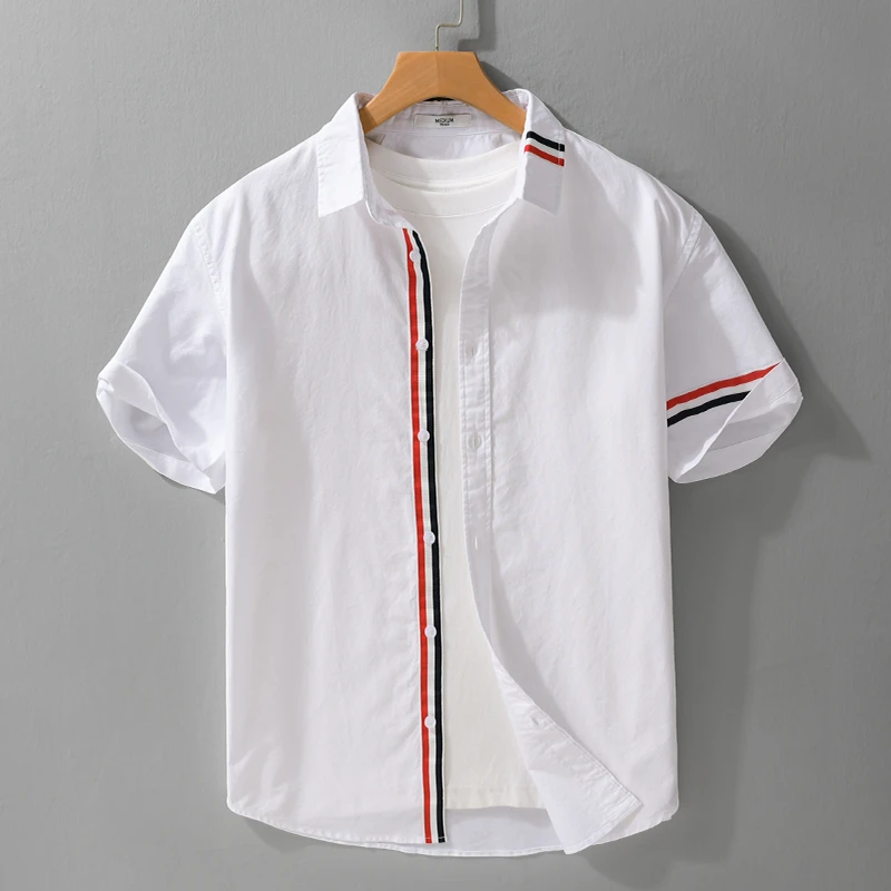 潮牌设计感彩条织带短袖衬衫男女情侣款夏季白色纯棉休闲衬衣男潮