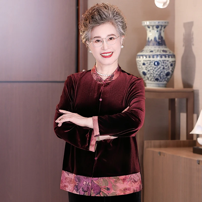 中老年妈妈装高档洋气秋装金丝绒衬衫喜婆婆老人奶奶太太秋季衣服
